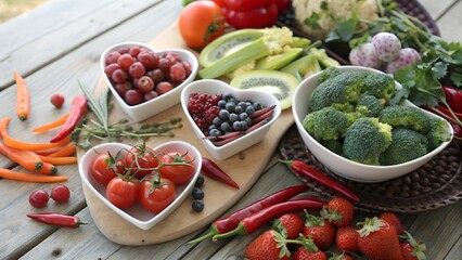 Colorful Organic Fruits and Vegetables,
Healthy Food Assortment on Wooden Table,
Fresh Fruits and Veggies in Heart-Shaped Bowls,
Vibrant Plant-Based Superfoods Display,
background image