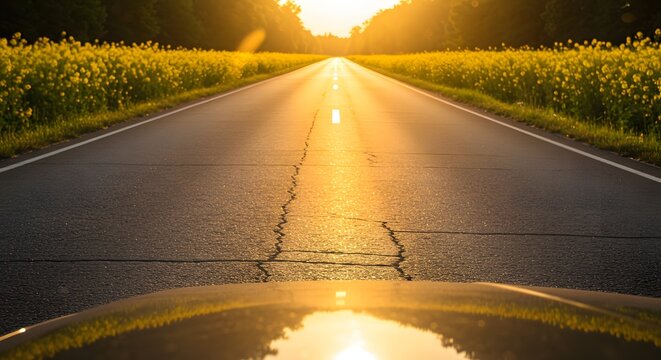Golden Road: Car's-Eye View of Asphalt Highway Lined with Yellow Flowers at Sunset