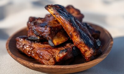 Smoky Kymys-boiled horse meat ribs served on burnt wood plate at an outdoor setting with pale sand background