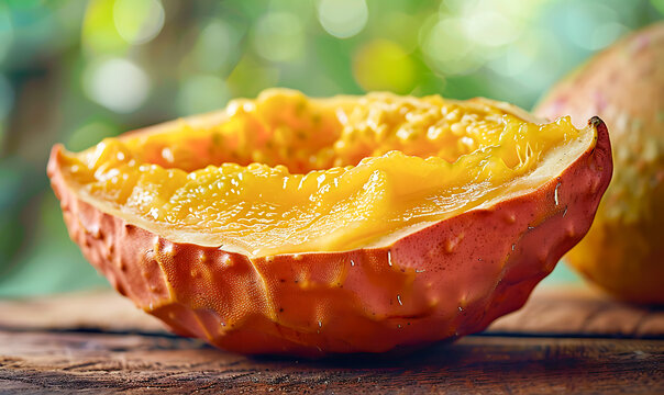 Close-up of a fresh nance or lucuma de montana, cut in half, showing its juicy orange-yellow pulp and shiny texture.