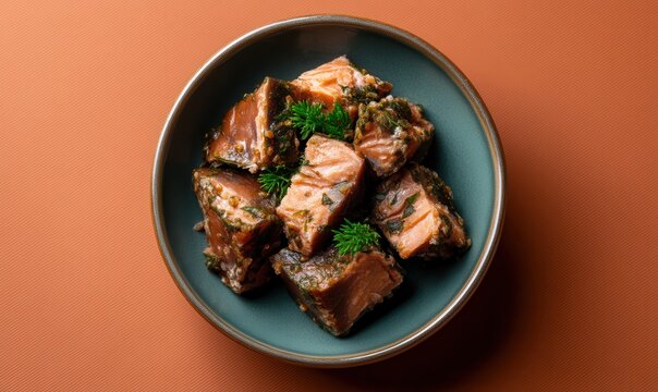 Fermented surstr&ouml;mming served on muted teal plate against matte rust orange background, showcasing traditional culinary preparation