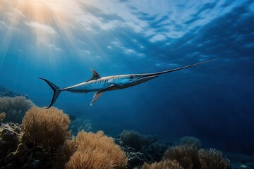 Swordfish gliding through clear tropical waters with vibrant coral reefs beneath vibrant sunlight