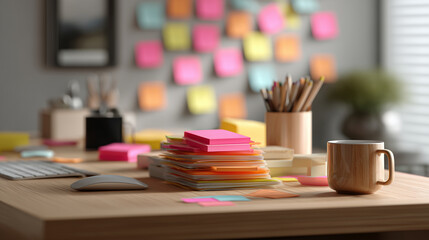 Colorful sticky notes and stationery on a wooden desk in a modern workspace with natural light