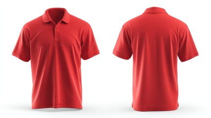 Front and back mockup of a red cotton polo shirt, displayed on an invisible mannequin, white backdrop, showcasing fabric weave and hem details