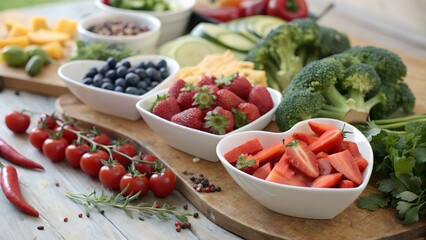 Colorful Organic Fruits and Vegetables,
Healthy Food Assortment on Wooden Table,
Fresh Fruits and Veggies in Heart-Shaped Bowls,
Vibrant Plant-Based Superfoods Display,
background image