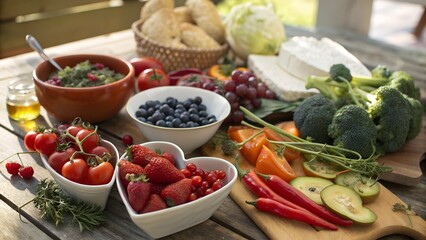 Colorful Organic Fruits and Vegetables,
Healthy Food Assortment on Wooden Table,
Fresh Fruits and Veggies in Heart-Shaped Bowls,
Vibrant Plant-Based Superfoods Display,
background image