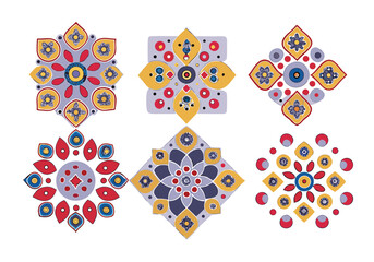 Six Colorful Mandala Designs Red Blue Yellow Floral Patterns Geometric Shapes White Background