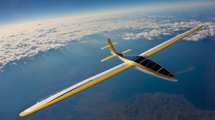 Soaring Glider Aircraft Above the Clouds During Bright Daylight Near Coastal Landscapes With Mountains in the Distance