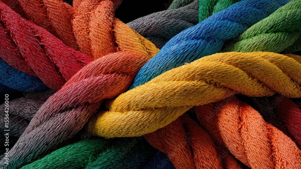 Poster colorful ropes are connecting together creating a network symbolizing synergy and teamwork
