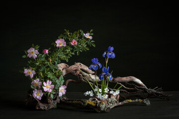 A serene ikebana arrangement featuring a delicate branch of wild rose and elegant irises. The naturalistic composition exudes harmony, simplicity, and quiet beauty