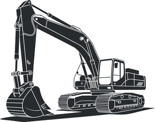 Silhouette of a Powerful Excavator with Detailed Design Elements Black and white illustration heavy duty excavator excavator construction equipment heavy machinery digger earthmoving construction
