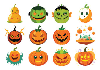Spooky and Cute Halloween Pumpkins – Cartoon Jack-o'-Lantern Vector Collection on white background 


