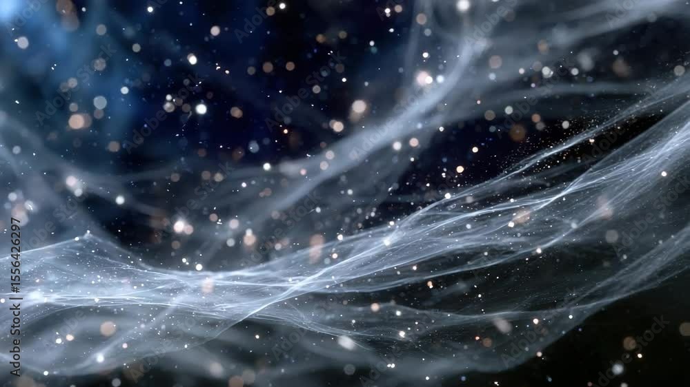 Poster A fantastic abstract background with floating particles and thin glowing lines, perfect for sci-fi and mystical projects. Mesmerizing shimmering particles move through the ethereal waves in the space.