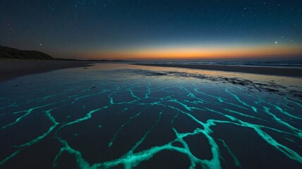 Bioluminescent Waves Illuminate a Shore at Twilight, Showcasing Nature's Mesmerizing Display Along the Coastline