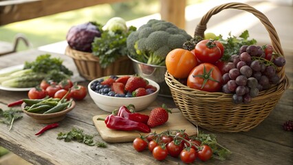 Colorful Organic Fruits and Vegetables,
Healthy Food Assortment on Wooden Table,
Fresh Fruits and Veggies in Heart-Shaped Bowls,
Vibrant Plant-Based Superfoods Display,
background image