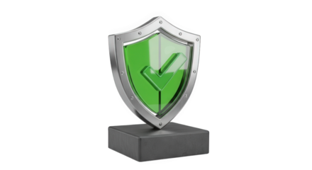 A gleaming shield with a green checkmark presents security and data protection on a stark transparent background, suggesting safety.