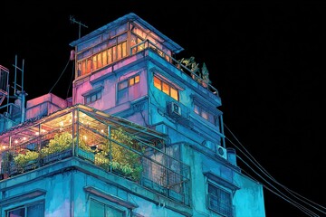 Building roof illuminated at night.
