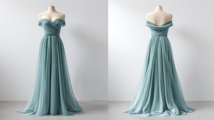 Front and back mockup of an off-shoulder chiffon evening gown, displayed on an invisible mannequin, white backdrop, showcasing flowy fabric and delicate pleats