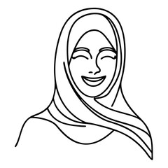Smiling woman in hijab line art illustration.  Happy muslim woman portrait with headscarf.  Simple line drawing perfect for website design, social media graphics, or marketing materials.