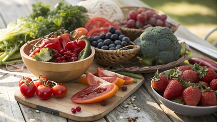 Colorful Organic Fruits and Vegetables,
Healthy Food Assortment on Wooden Table,
Fresh Fruits and Veggies in Heart-Shaped Bowls,
Vibrant Plant-Based Superfoods Display,
background image