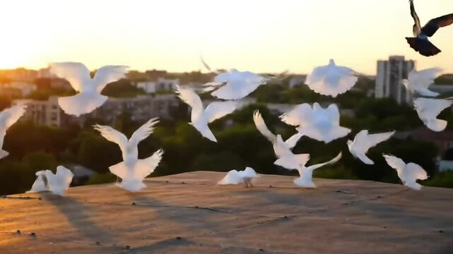 White Doves Soaring at Sunset Freedom Peace and Urban Beauty in Flight.