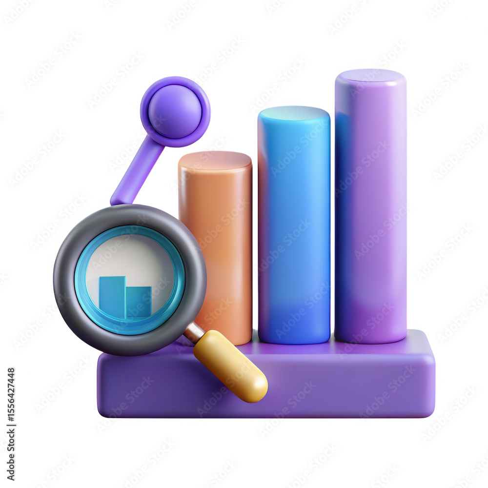 Poster 3d illustration of a magnifying glass examining a colorful bar chart for data analysis and research 