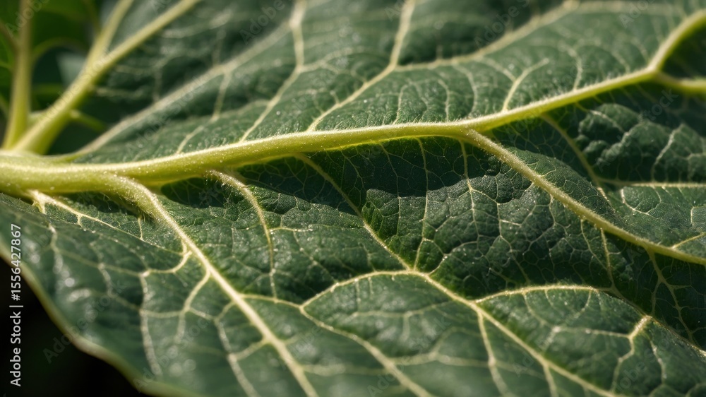Poster close-up view of a green leaf showcasing its intricate texture and vascular patterns under natural l