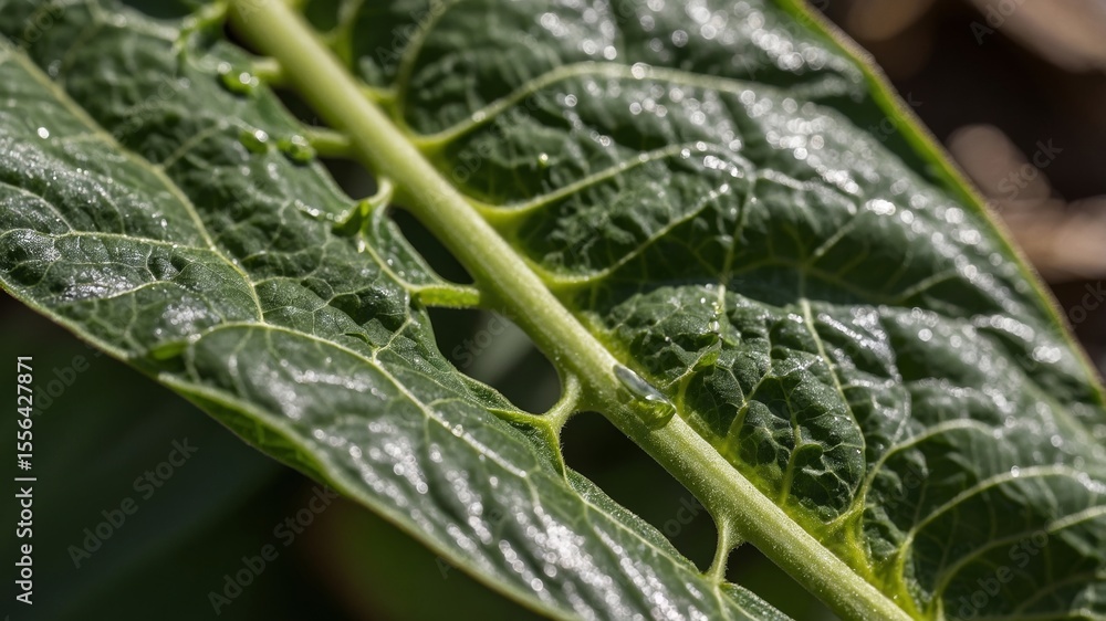 Poster close-up view of a green leaf showcasing intricate vein patterns and droplets of water in a natural 