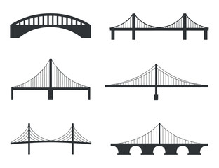 Obraz premium Collection of Various Bridge Types in Simple Silhouettes Six different bridge styles shown black silhouette bridge arch bridge suspension bridge silhouette illustration icon