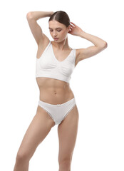 Woman wearing beautiful underwear on white background