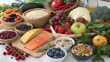Colorful Organic Fruits and Vegetables,
Healthy Food Assortment on Wooden Table,
Fresh Fruits and Veggies in Heart-Shaped Bowls,
Vibrant Plant-Based Superfoods Display,
background image