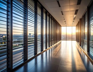 Modern office building corridor with sunset view illuminating the interior