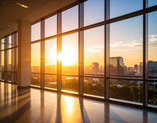 Empty modern office interior with panoramic windows showing cityscape at sunset