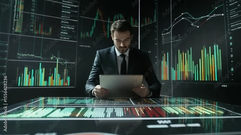 Poster focused analyst examines global data streams in a high tech trading environment