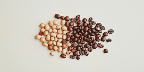 Contrast of roasted coffee beans and light natural seeds on neutral background