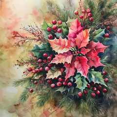 Watercolor artwork of Christmas poinsettia arrangement with red berries and green leaves