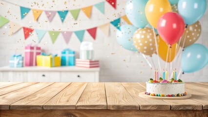 Birthday Cake with Balloons and Gifts on Wooden Table, Celebration , Party