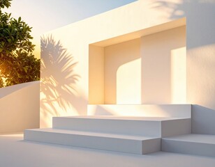 White minimalist architectural podium displaying products with tropical plants and sunset light