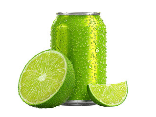 Refreshing green lime soda can covered in water droplets with fresh lime slices isolated on transparent background
