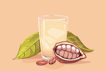 Vector illustration of cacao water in a glass and half of cacao fruit with palm leaves on a peach backdrop