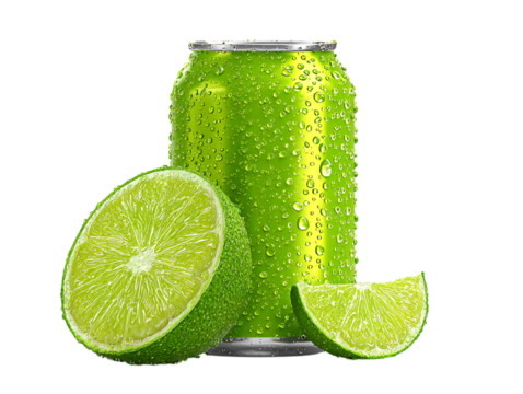 Refreshing green lime soda can covered in water droplets with fresh lime slices isolated on transparent background