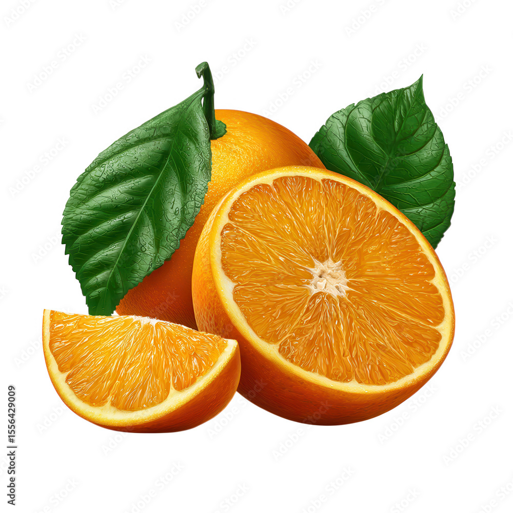 Poster oranges with leaves and slices isolated on transparent background