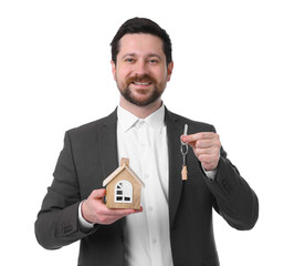 Real estate agent holding key with keychain and house model on white background