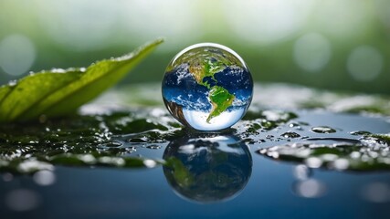 World Reflected in a Crystal Sphere Placed on a Wet Leaf Over Water, Showcasing the Beauty of Earth and Nature's Elements