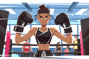Female boxer ready to fight, flat style. Sporty woman in boxing gloves and shorts, dynamic pose. Vector illustration for sports themes. Perfect for posters, t-shirts, or fitness branding.