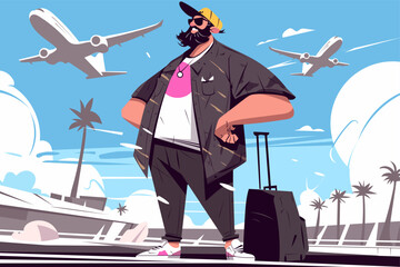 Stylish man with beard & sunglasses ready for vacation at airport. Flat vector illustration of travel, leisure, and holiday journey