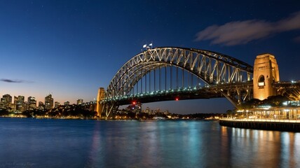Obraz premium Spectacular View of Sydney Harbour Bridge Illuminated at Dusk With City Skyline Reflecting in Calm Waters