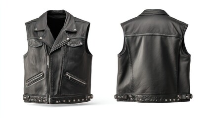 Front and back presentation of a leather biker vest, studio setup, clean white backdrop