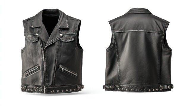 Front and back presentation of a leather biker vest, studio setup, clean white backdrop