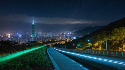City Skyline Illuminated at Night With a Prominent Tower Visible Amidst the Hills Under a Starry Sky